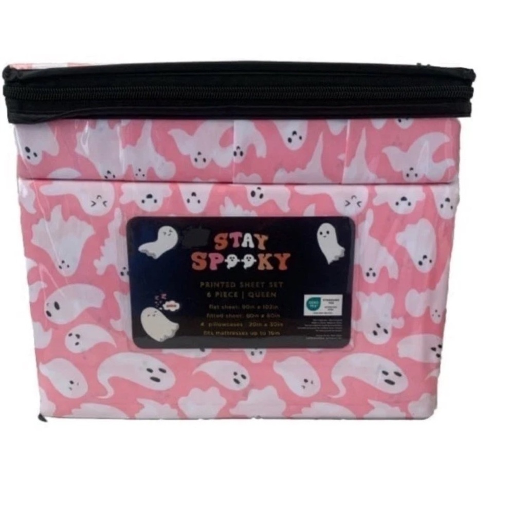 Stay Spooky Halloween Haunted Pink Ghost QUEEN Size 6 Piece Sheet Set